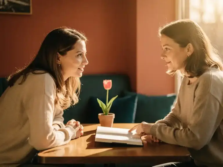 Two women reviewing an open notebook together at a sunlit café table, with a small potted tulip and warm afternoon light creating an intimate, focused atmosphere.