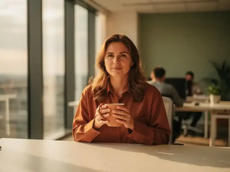 Professional woman sitting calmly at a sunlit modern office desk, holding a warm ceramic mug with golden light streaming through large windows.