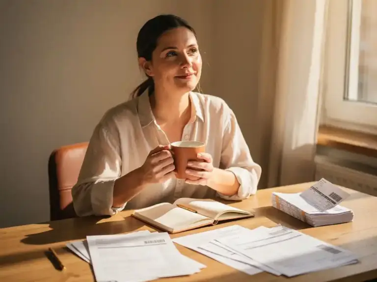 Woman calmly reviewing invoices and notebook at a sunlit wooden desk, holding a coffee mug in warm Dutch morning light.