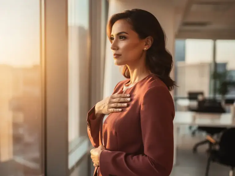 Professional woman standing at a sunlit office window, hand on chest, gazing outward with calm confidence in warm golden light.