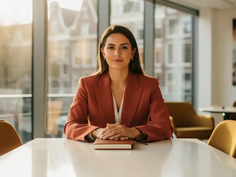 Confident woman in a tailored blazer at a polished Amsterdam office conference table, hands resting on a leather notebook, warm afternoon light.