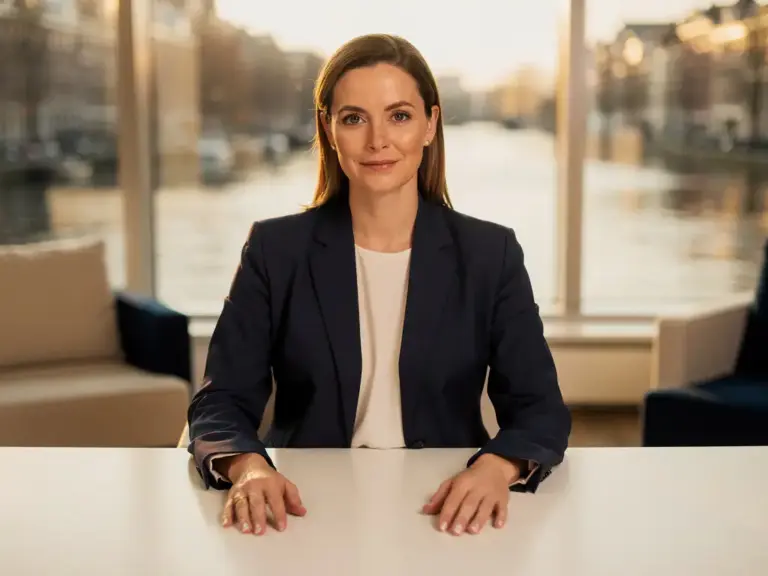Confident woman in a tailored blazer seated at a minimalist desk in a bright Amsterdam office with warm afternoon light and large windows.