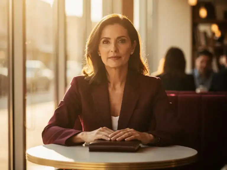 Woman in tailored blazer sitting at a sunlit café table, hands resting on a leather notebook, exuding calm professional confidence.