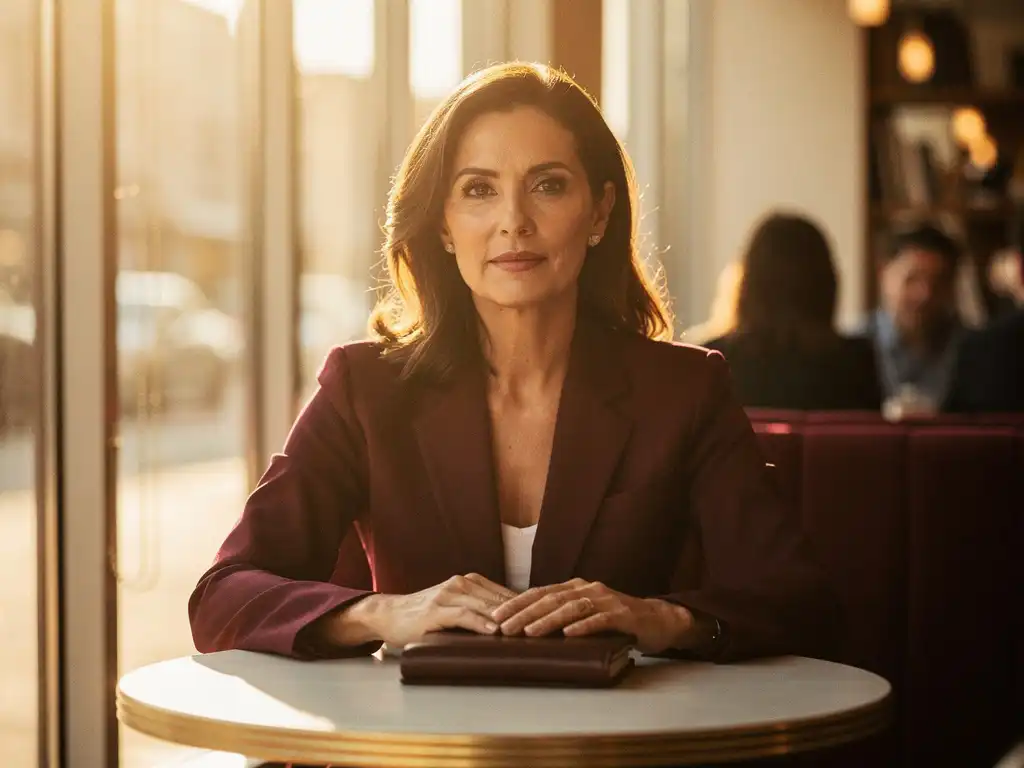 Woman in tailored blazer sitting at a sunlit café table, hands resting on a leather notebook, exuding calm professional confidence.