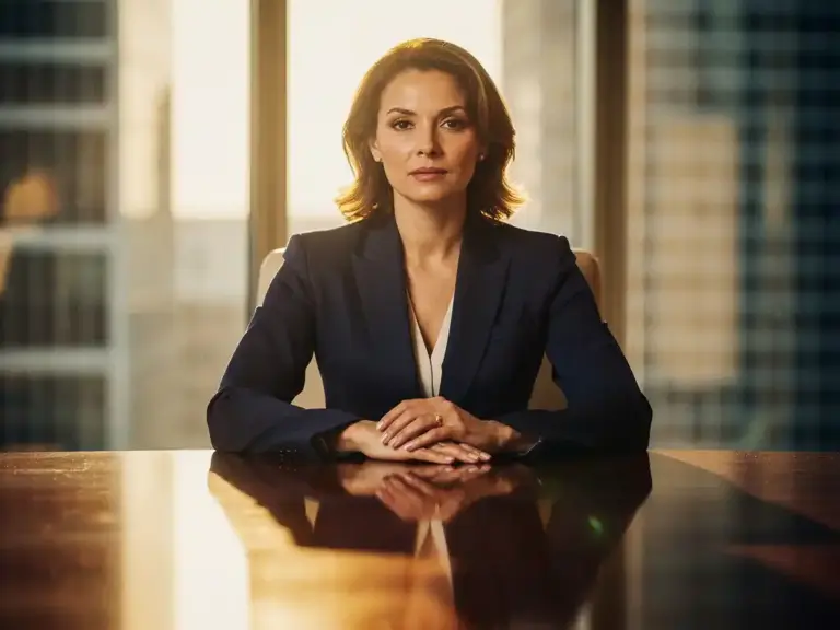 Confident businesswoman in a navy blazer seated at a polished boardroom table, warm sunlight streaming through tall office windows behind her.