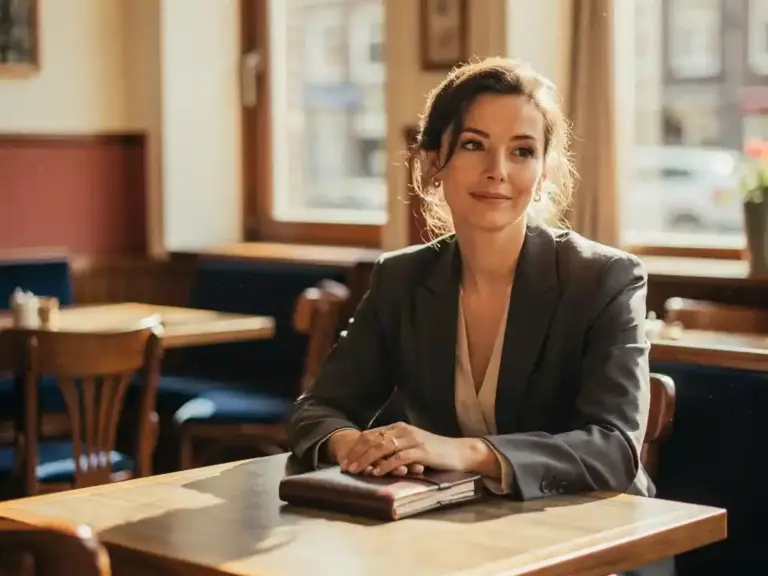 Confident woman in a tailored blazer at a sunlit café table, hands resting on a leather notebook, exuding calm composure.