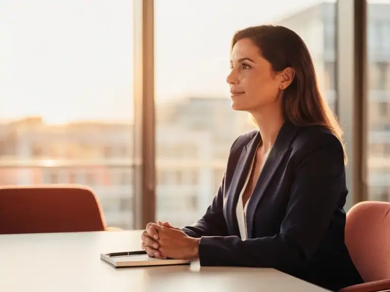 Woman in tailored blazer sitting confidently at an interview desk in a modern Amsterdam office with warm golden light.
