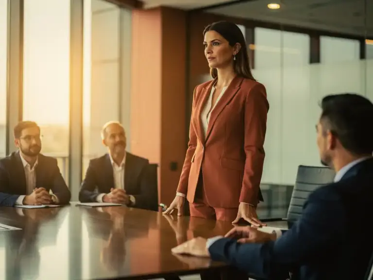 Woman in a sharp blazer leading a boardroom meeting, colleagues attentive, bathed in warm golden afternoon light through floor-to-ceiling windows.