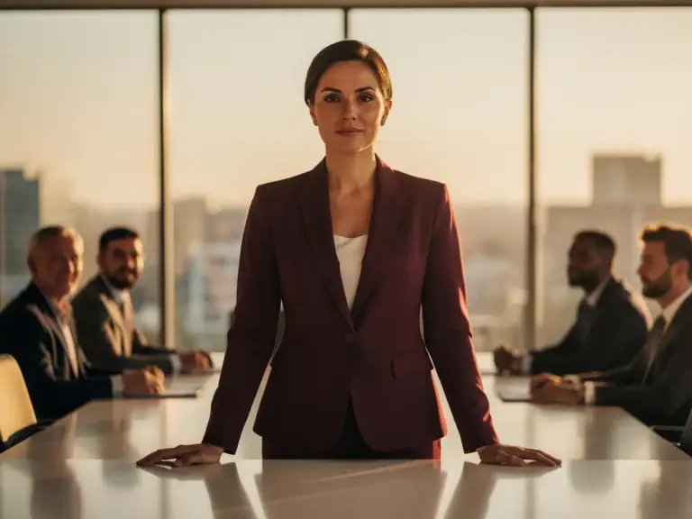 Confident woman in a blazer leading a boardroom meeting, hands on table, colleagues blurred in warm golden light.