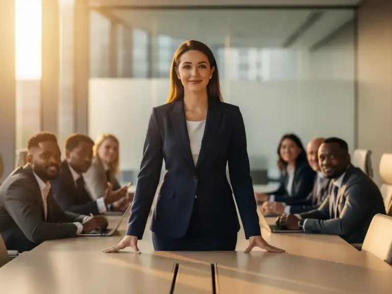 Woman in tailored blazer leading a boardroom meeting, colleagues engaged, warm golden light through floor-to-ceiling windows.