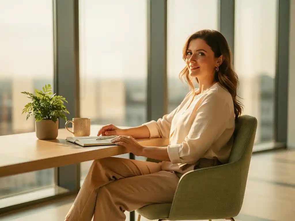 Confident woman relaxing at a sunlit minimalist desk with a potted plant, ceramic mug, and open notebook in a calm, airy workspace.