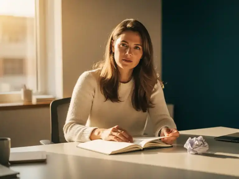 Confident woman pausing thoughtfully at a sunlit modern office desk, hand resting on an open notebook, crumpled note set aside.