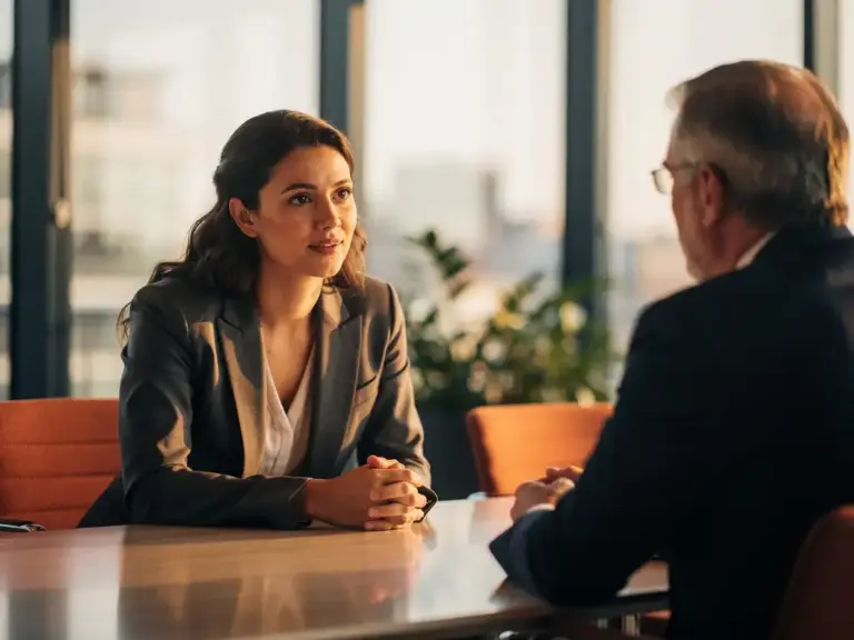 Woman in tailored blazer having a calm discussion with a senior colleague at a conference table in a sunlit Amsterdam office.