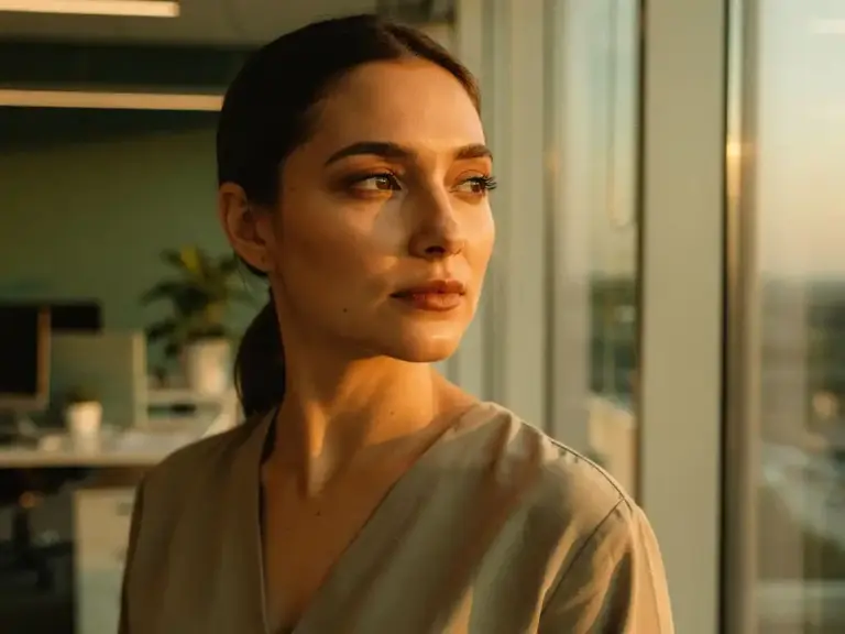 Woman pausing in quiet reflection at a sunlit modern office window, warm golden light across her face, soft-focus workspace behind her.