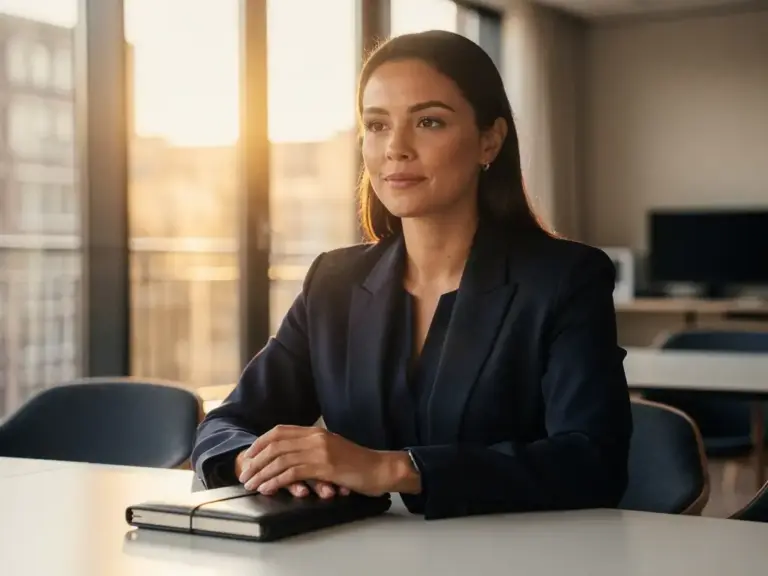 Woman in tailored blazer sitting poised at interview table with hands on leather notebook, sunlit modern office behind her.