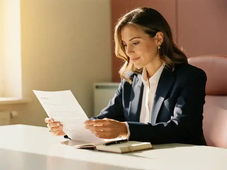 Woman in tailored blazer calmly reviewing a job offer letter at a bright office desk, notebook and pen nearby, bathed in warm golden light.