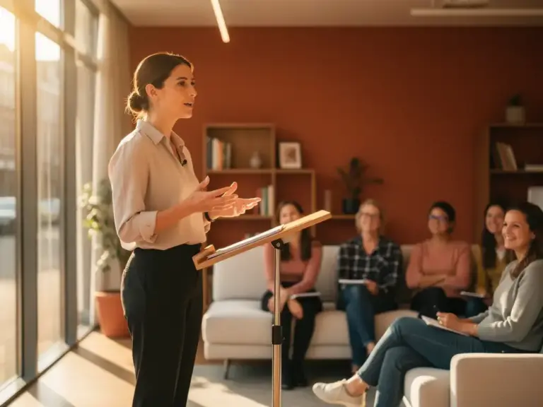 Woman speaking confidently at a sunlit podium in an Amsterdam co-working space, addressing an engaged female audience in warm afternoon light.