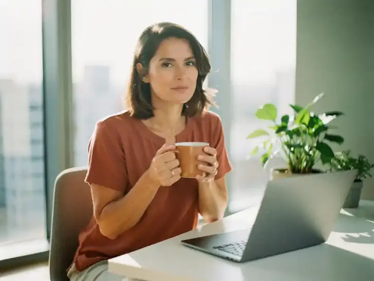 Woman holding a ceramic mug at a sunlit modern desk, calm and confident, with a green plant beside her laptop in warm morning light.