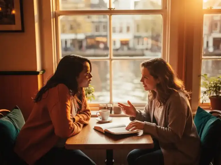 Two women sharing journal notes in a warmly lit Delft café, canal-view window glowing softly behind them in golden afternoon light.