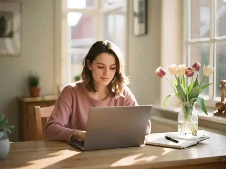 Woman closing a laptop at a sunlit home desk beside a journal and fresh tulips, soft afternoon light in a cozy Dutch interior.