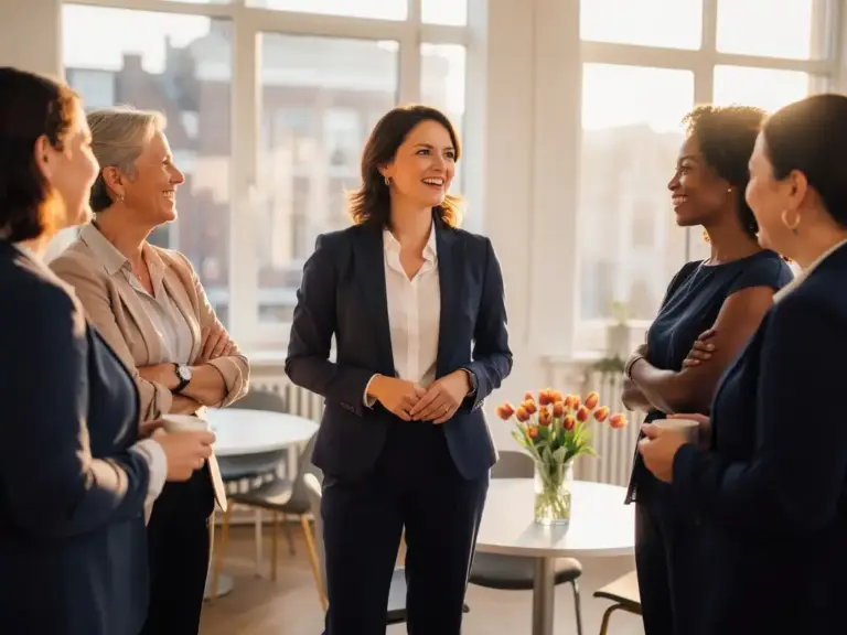 Dutch woman leading a conversation with diverse colleagues in a sunlit Amsterdam workspace, orange tulips on a nearby table.