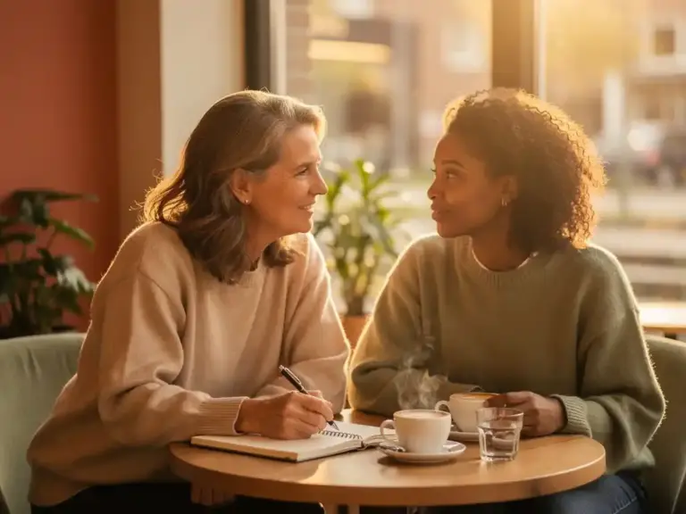 Two women of different backgrounds sharing a mentoring moment over notebooks and coffee at a sunlit Eindhoven café.