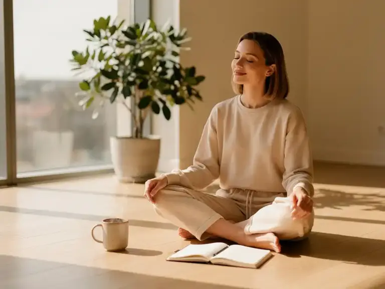 Woman entrepreneur meditating cross-legged on a sunlit wooden floor with a steaming mug and open journal nearby, morning light streaming through windows.