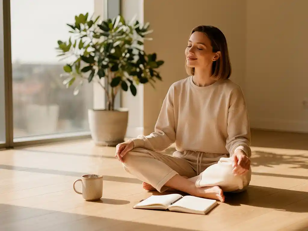 Woman entrepreneur meditating cross-legged on a sunlit wooden floor with a steaming mug and open journal nearby, morning light streaming through windows.