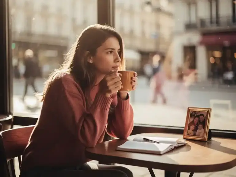 Young woman cradling a warm mug at a sunlit café window, gazing outside with a framed photo and notebook on the table beside her.