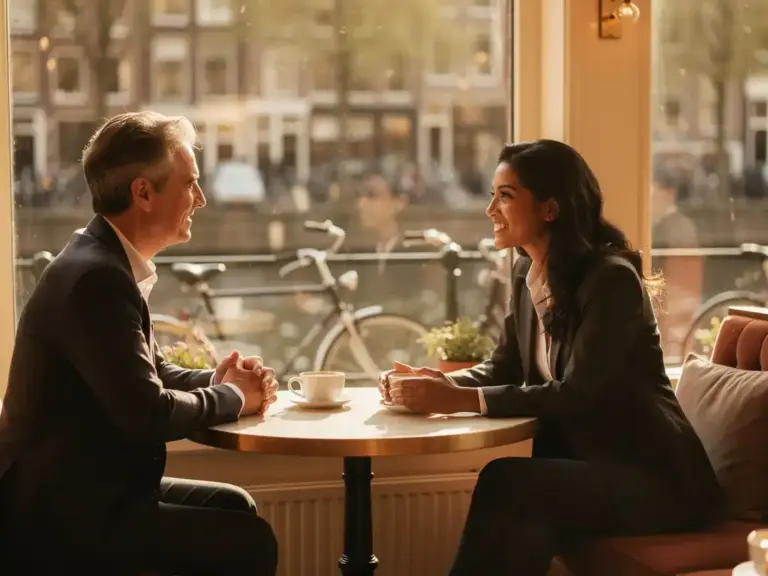 Two women in professional attire having a mentorship conversation over coffee at a sunlit Amsterdam canal-side café.