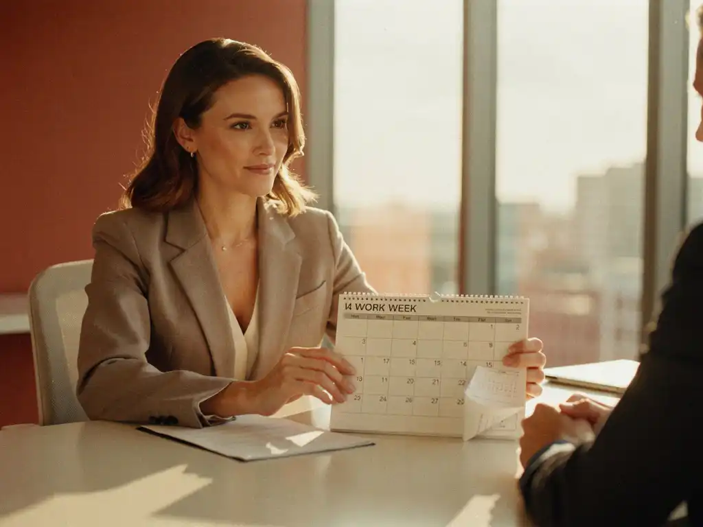 Confident woman in a blazer slides a four-day work week calendar across a sunlit office desk during a professional meeting.