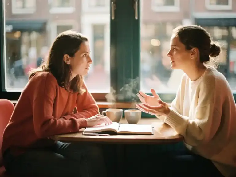 Two women having an intimate conversation in a Groningen café, sharing a notebook and coffee on a wooden table in warm afternoon light.