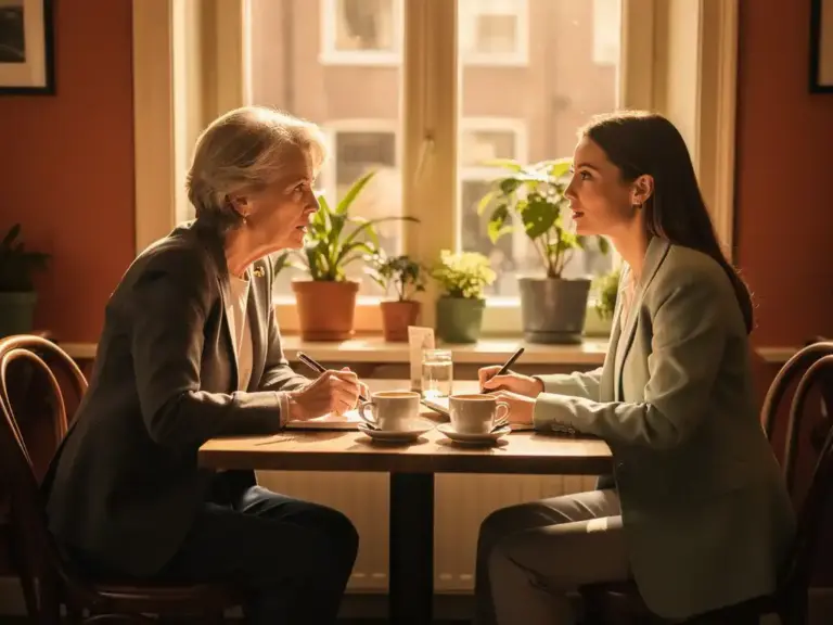 Mentor leaning forward attentively toward a younger professional over coffee and notebooks in a sunlit Maastricht café.