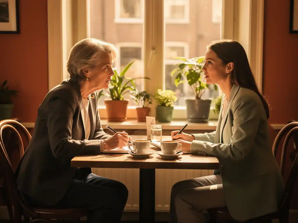 Mentor leaning forward attentively toward a younger professional over coffee and notebooks in a sunlit Maastricht café.
