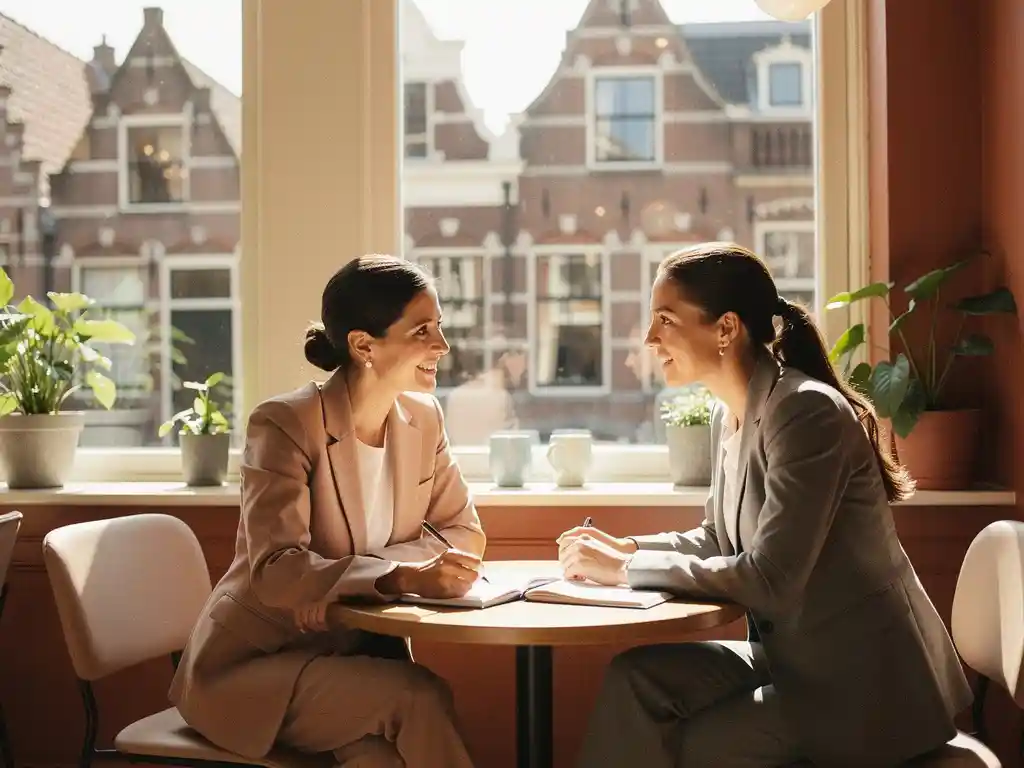 Two women sharing notes at a sunlit café table in The Hague, mentor and mentee in warm professional conversation with Dutch architecture visible through the windows.