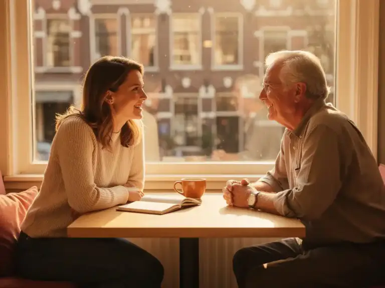Woman leaning forward in engaged conversation with a mentor at a sunlit Amsterdam café, notebook and coffee on the table between them.
