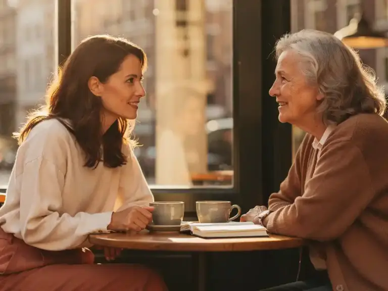 Two women in mentorship conversation at a sunlit Amsterdam café, coffee cups and open notebook on the table between them.