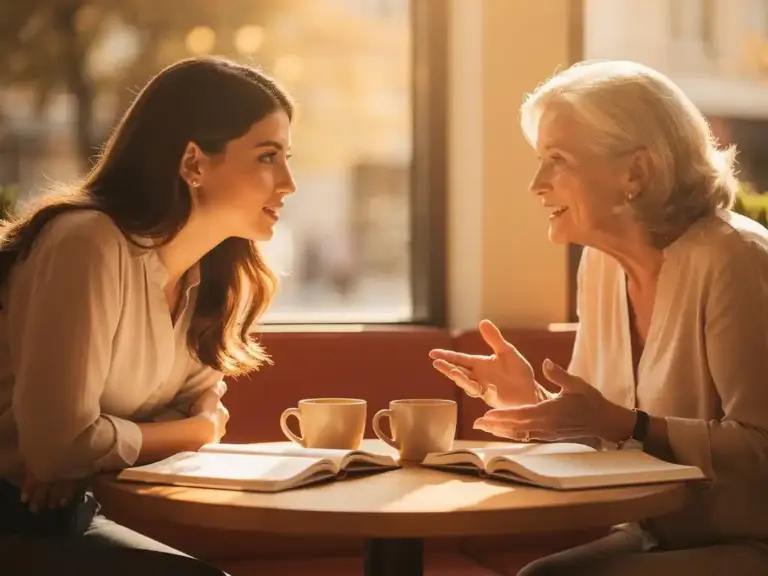 Young professional woman listening attentively to a mentor at a sunlit café table, notebooks open, coffee cups between them, warm golden afternoon light.