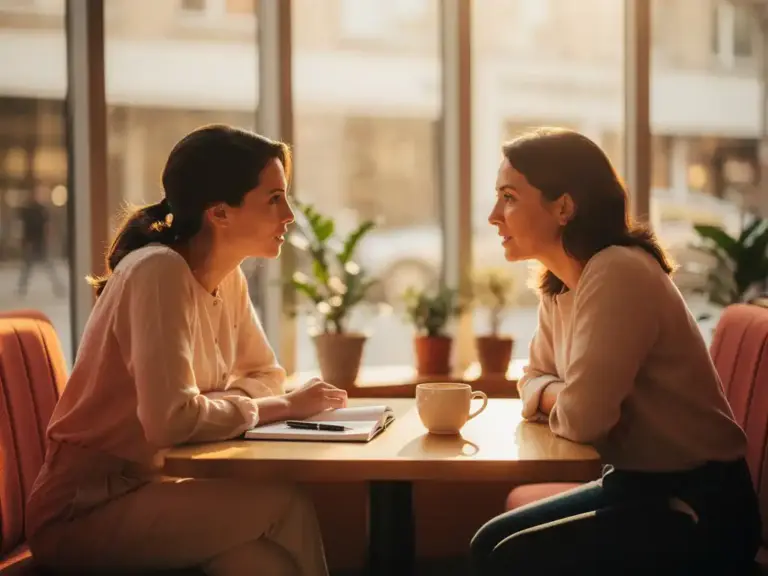 Woman in her 30s and mentor in engaged conversation at a sunlit café table with an open notebook and coffee cup between them.