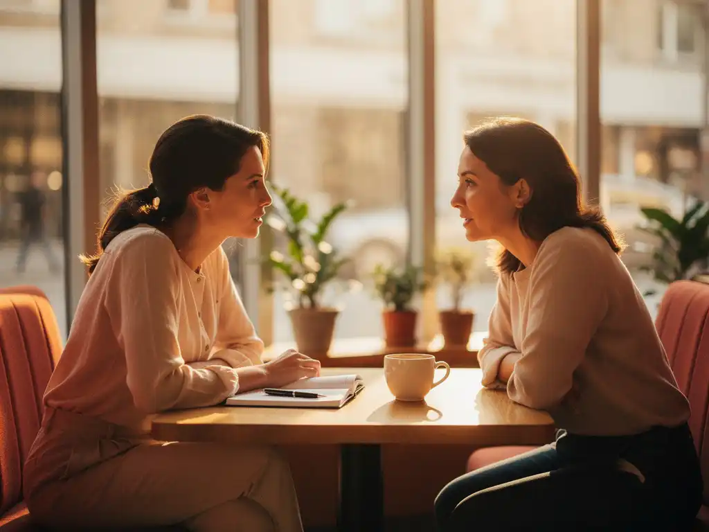 Woman in her 30s and mentor in engaged conversation at a sunlit café table with an open notebook and coffee cup between them.