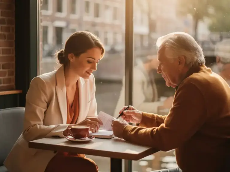 Young professional woman sharing notes with a mentor over coffee at a sunlit Dutch canal-side café, warm amber light, intimate eye-level framing.