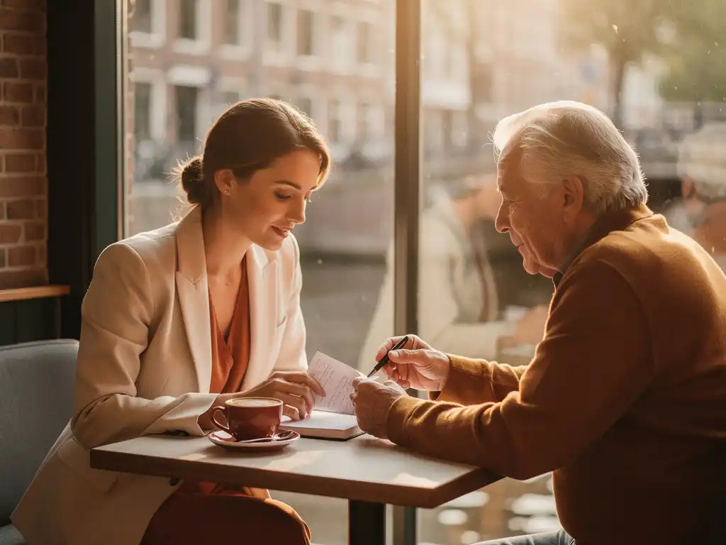 Young professional woman sharing notes with a mentor over coffee at a sunlit Dutch canal-side café, warm amber light, intimate eye-level framing.