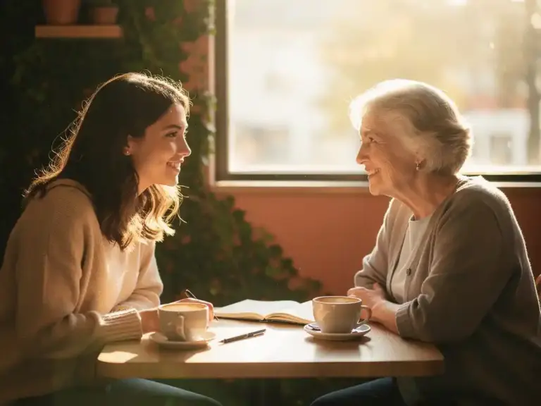 Two women sharing a warm mentorship conversation over coffee at a sunlit café, small notebook on the table between them.