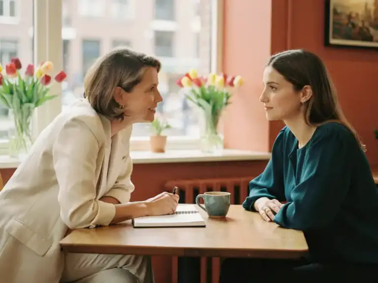 Mentor and young entrepreneur in conversation at a sunlit Dutch café, notebook and coffee on the table, tulips visible in the background.