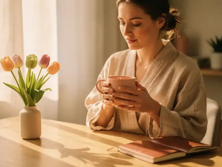 Woman in linen robe holding ceramic mug at sunlit desk with open journal, tulips, and warm morning light through sheer curtains.