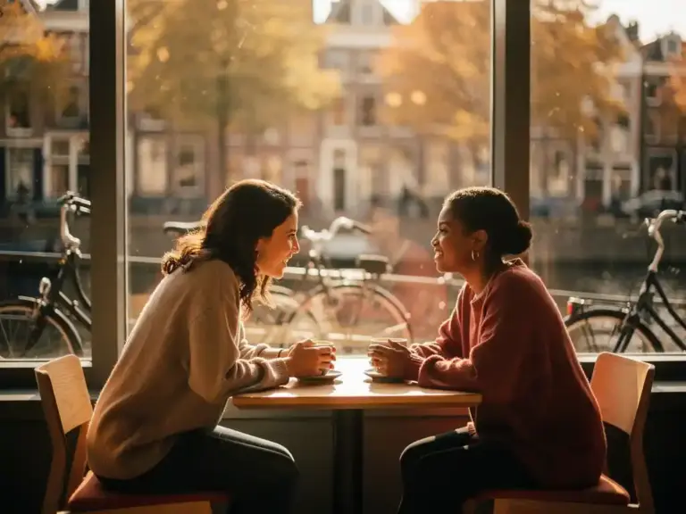 Two women of different backgrounds sharing an intimate mentorship conversation over coffee at a sunlit Dutch café, warm autumn light filtering through the windows.