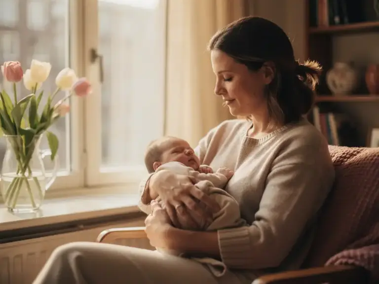 New mother cradling sleeping newborn in a sunlit Amsterdam apartment, soft tulips in a vase on the windowsill, warm afternoon light.
