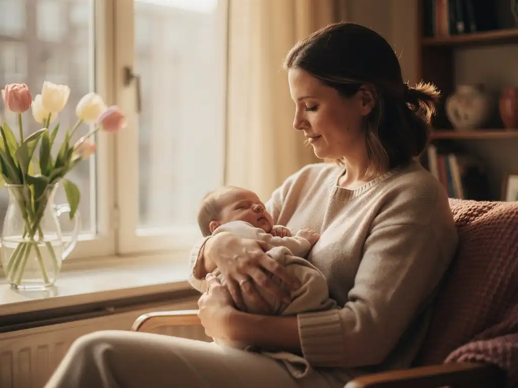 New mother cradling sleeping newborn in a sunlit Amsterdam apartment, soft tulips in a vase on the windowsill, warm afternoon light.