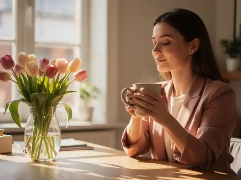 Professional woman with eyes closed holding a warm ceramic mug at a sunlit wooden desk beside pink tulips in a glass vase.