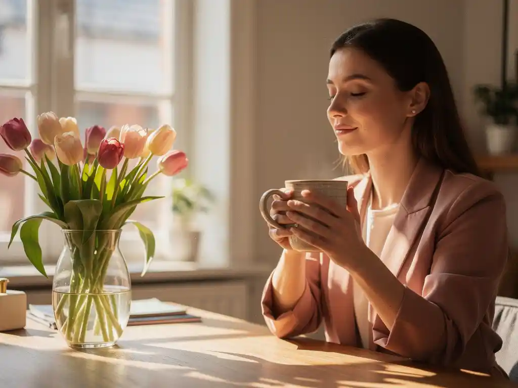 Professional woman with eyes closed holding a warm ceramic mug at a sunlit wooden desk beside pink tulips in a glass vase.
